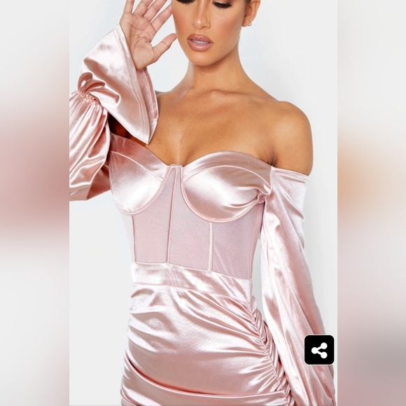 π
Ίπ₯HOST pickπ₯ PLT Dusty Pink Bardot Satin Mesh Insert Ruched Bodycon Dress - Picture 3 of 13